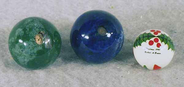 #63 3 Rare Robert Brown Painted Chinas: CONTEMPORARY HANDMADE, Robert Brown. Lot of three marbles. Very rare. All are handpainted chinas. Two are bennington mimics, the other is a Christmas motif. The benningtons are unsigned, the Christmas