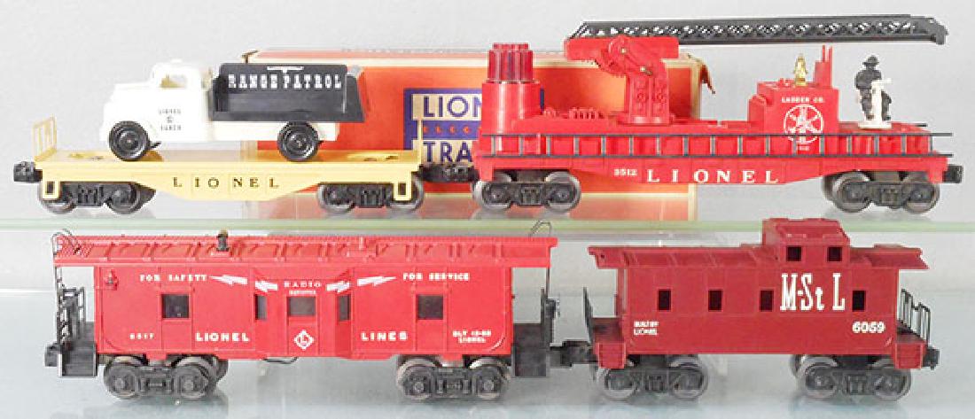 4 LIONEL FREIGHT CARS: O ga, 6151 flat w/Range Patrol truck & orig box, 3512 fire ladder car, 6517 caboose, 6059 M&StL caboose, C7-9.