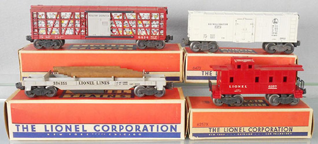 4 LIONEL FREIGHT CARS: O ga, 6434 poultry car, 6472 refrigerator car, 3361 lumber car, 6257X caboose, orig boxes minor wear, C7-8.