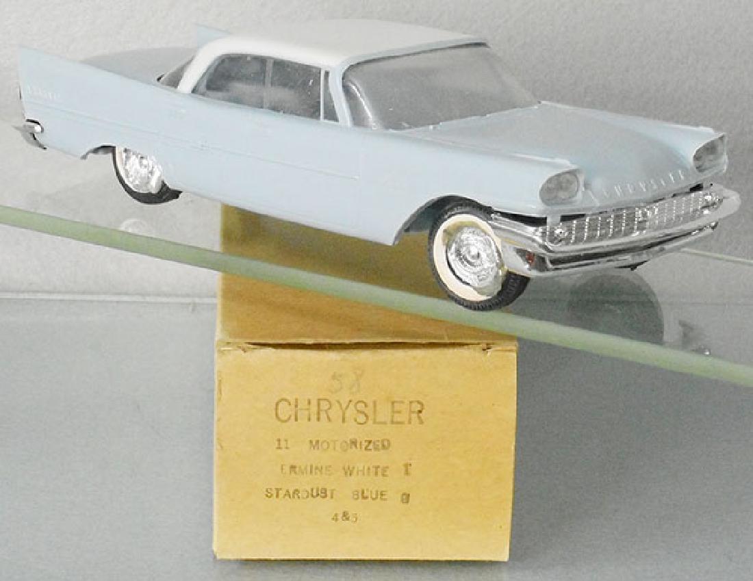JOHAN 1958 CHRYSLER NEW YORKER PROMO: blue & white, tire hubs melting, body warped, window glass frosted, orig box, C7-8.