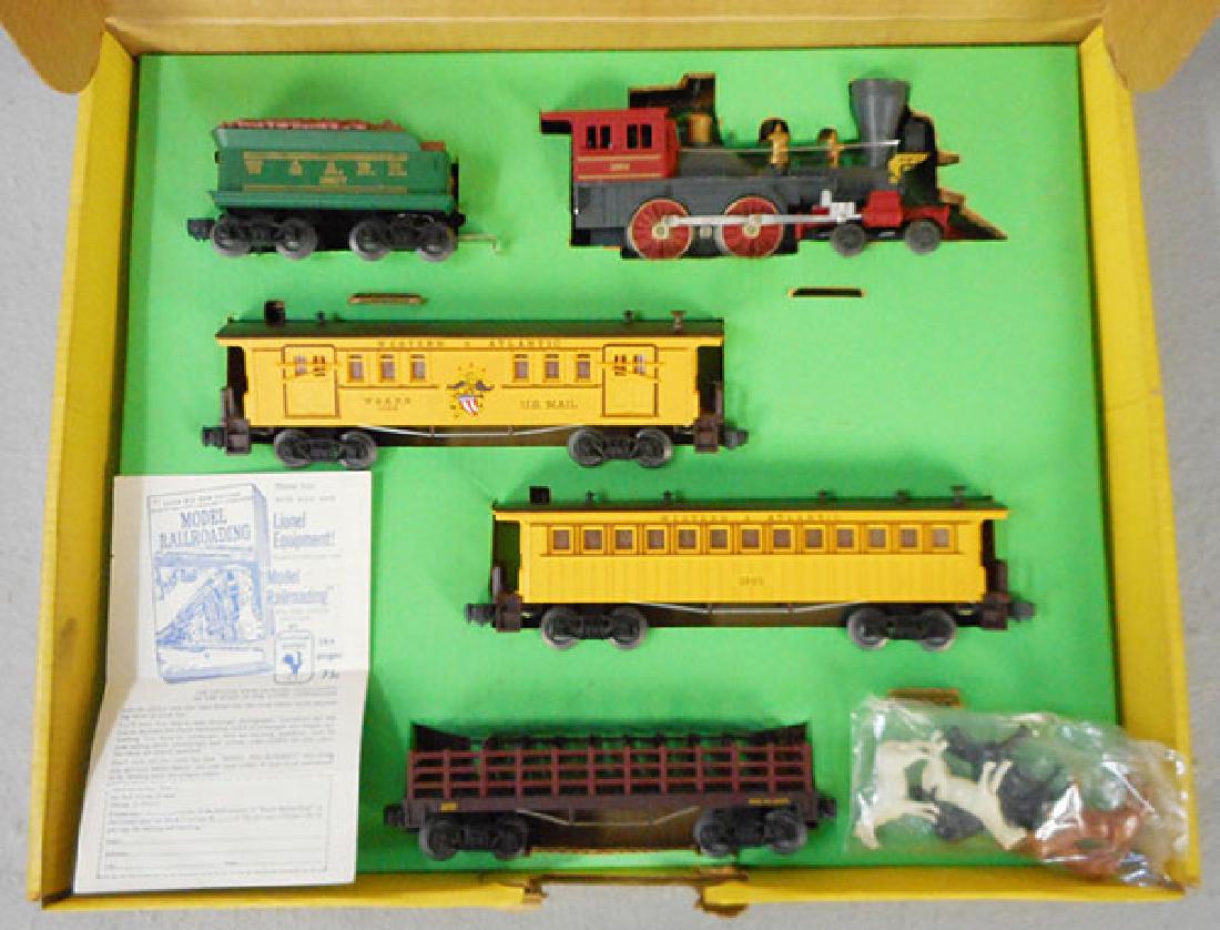 LIONEL 1800 GENERAL TRAIN SET: O ga, 1862 loco, 1862 tender, 1865 mail car, 1 step reglued, 1865 coach, 1 step & railing reglued, 1877 horse car, orig set box & insert minor wear, C7.