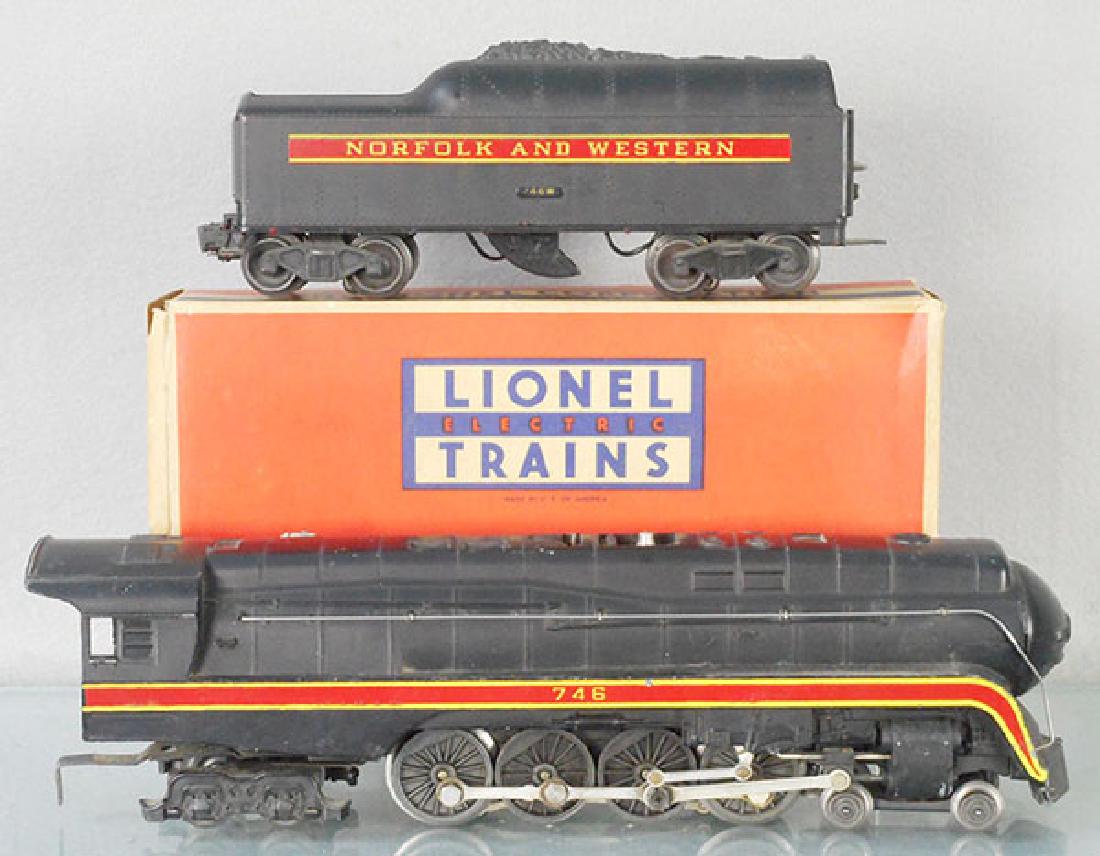 LIONEL 746 N&W LOCO & TENDER: O ga, 746 N&W loco, 746W short-stripe tender, orig box minor wear, C6.