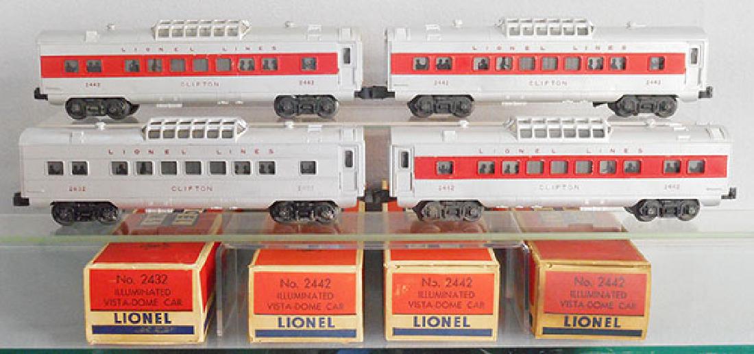 4 LIONEL CLIFTON COACHES: O ga, 3 #2442, 1 #2432 vista domes, orig boxes minor wear, C5-6.