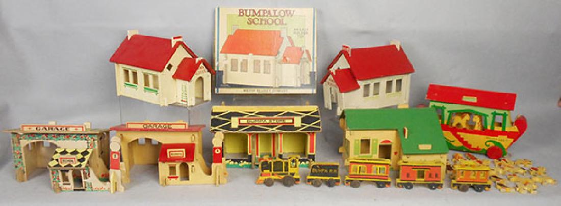 MILTON BRADLEY BUMPALOW TOYS: ca 1931, litho pressboard, 10 buildings & a train set, Noah’s Ark & more, some damages, 2 orig box tops only, C5-7.