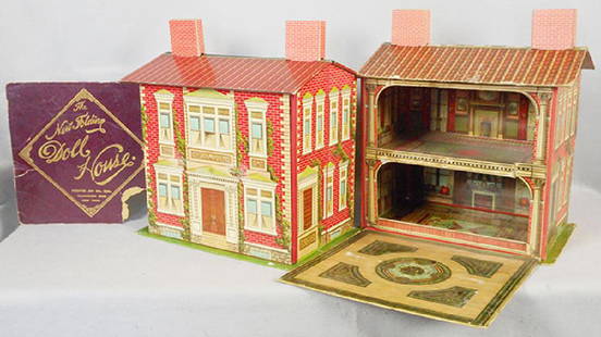 MILTON BRADLEY & MCLOUGHLIN BROS DOLL HOUSES: litho paper, 10 in by 16 1/2 in by 16 in, the same house made by each company, w/1 partial box top, C6-7.