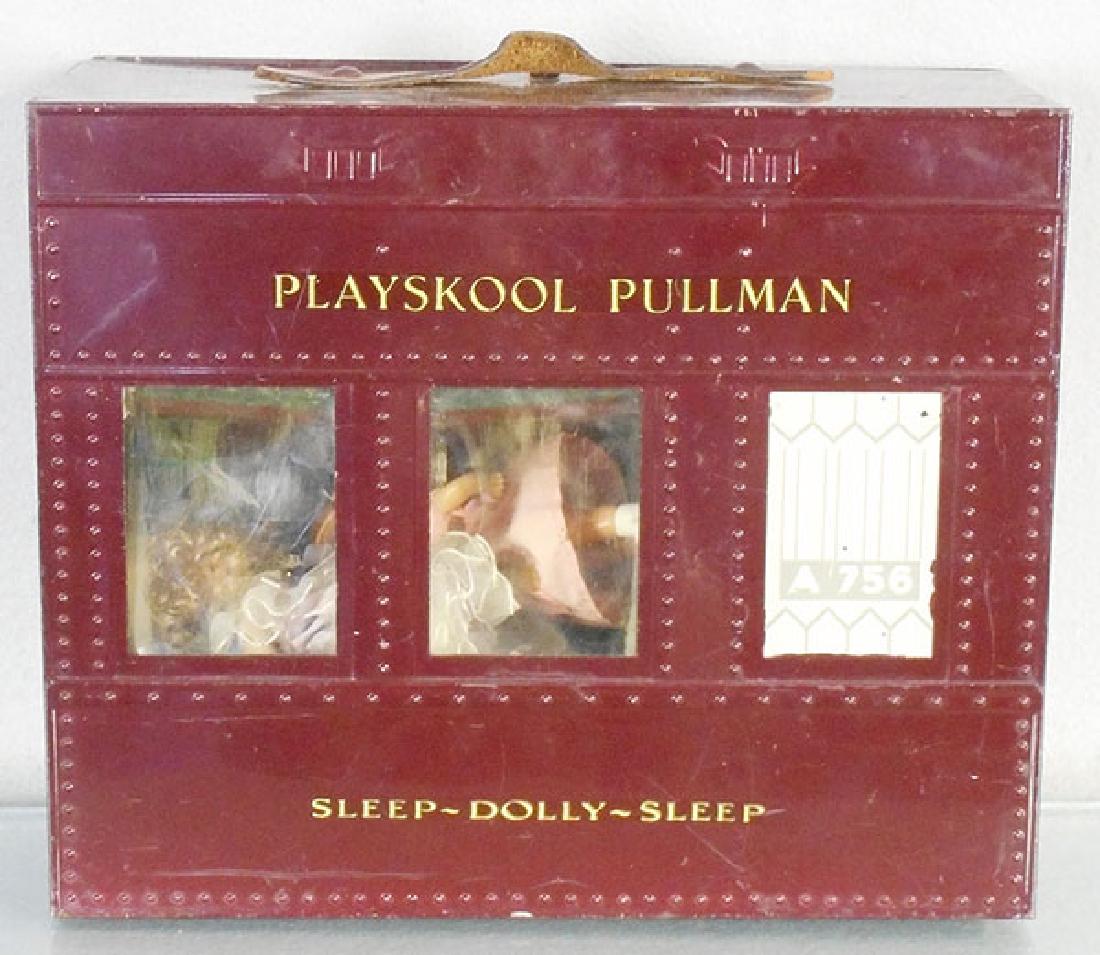 PLAYSKOOL PULLMAN: litho tin, w/folding table, hand truck, contains 3 dolls & luggage, C5.