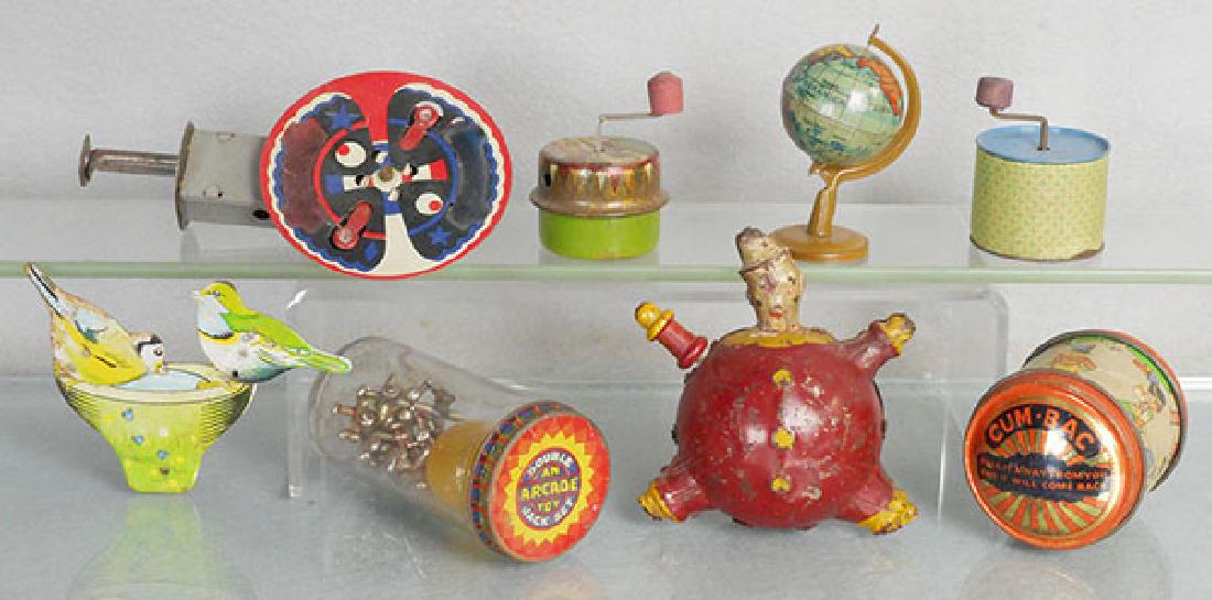 TOY LOT: Sparkliner, working, 2 Noisemakers, Globe, Bird Clicker, Arcade Jacks set, Gyro Clown, Cum-Bac Toy, C5-7.