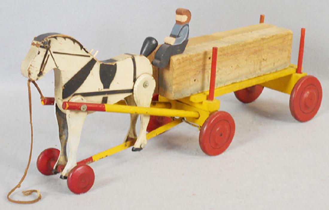 RICH TOY LUMBER WAGON: wood & metal, 22 in long, 2 horse legs repainted, C5.
