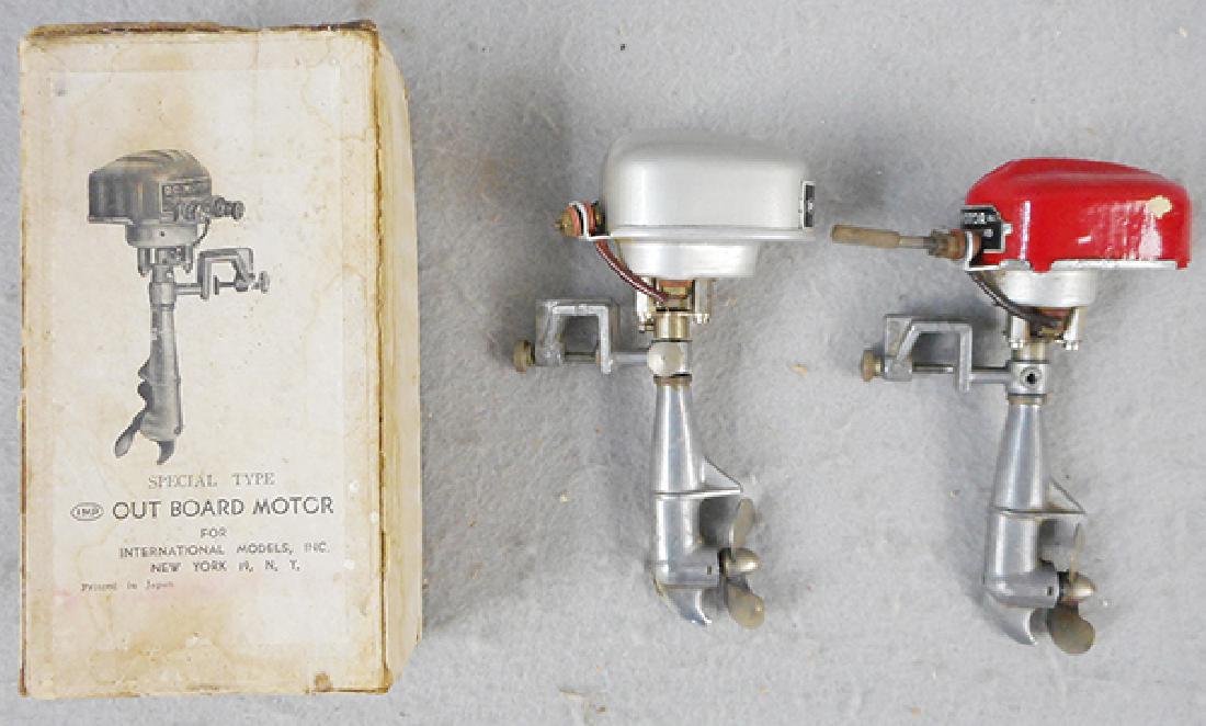 2 SAKAI OUTBOARD MOTORS: made in Occupied Japan, 5 1/4 in tall, 1 orig box only, box worn, C7-8.
