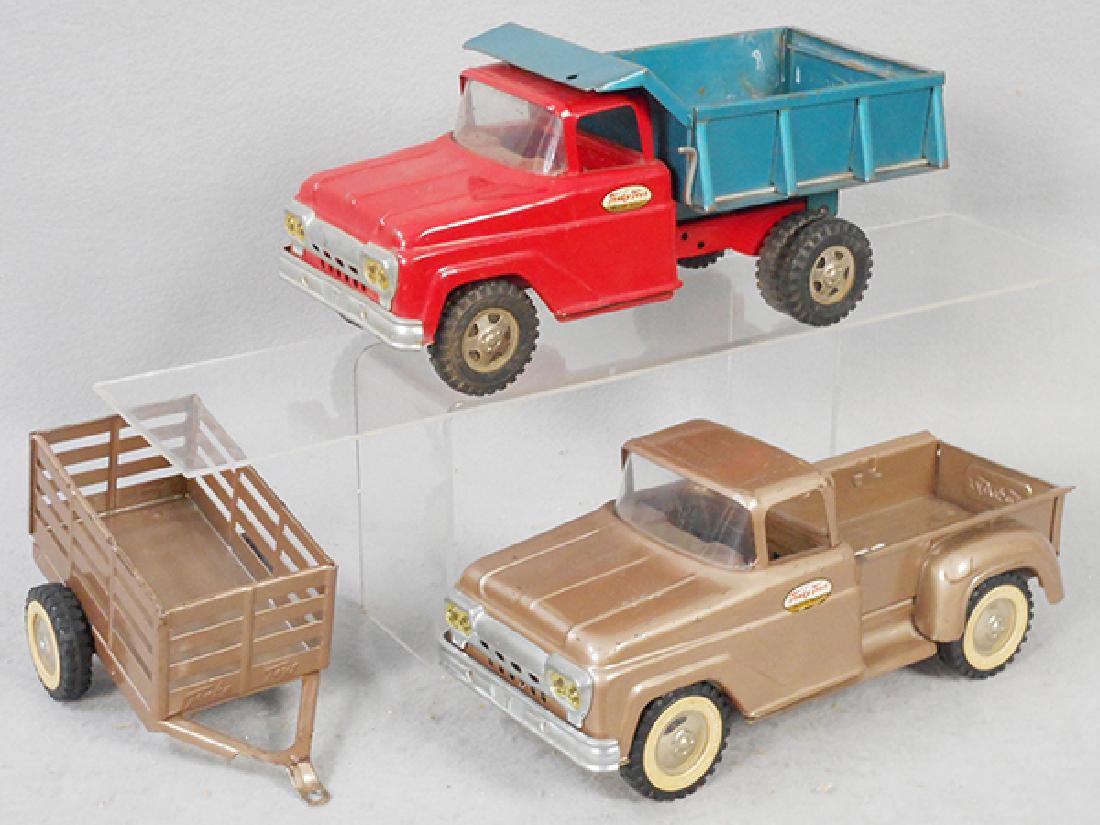 2 TONKA TRUCKS: painted pressed steel, 1961 Dump Truck, missing dump lever, 1961 Pick Up & Trailer, C6.