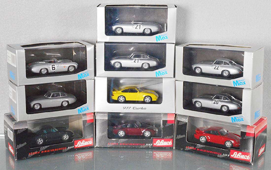10 SCHUCO & MODEL MAX PORSCHES: Model Max 3350, 3312, 3311, 3310, 3301, 3330, Schuco 04111, 04112, 04113, Official Porsche 911 Turbo model, orig boxes & inserts, C9-10.