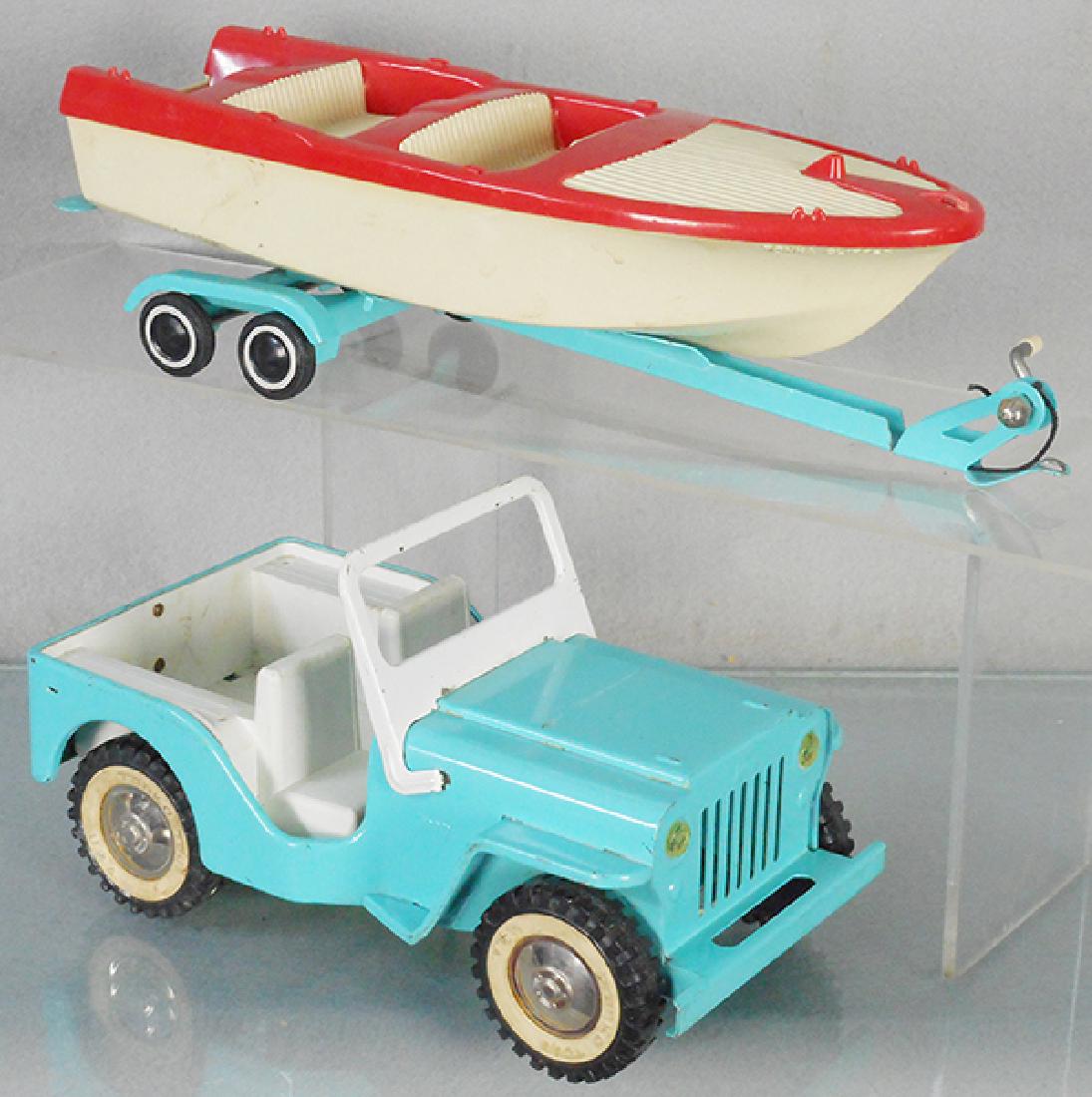 TONKA 1964 JEEP & BOAT SET: painted pressed steel, both are missing steering wheels, C7.