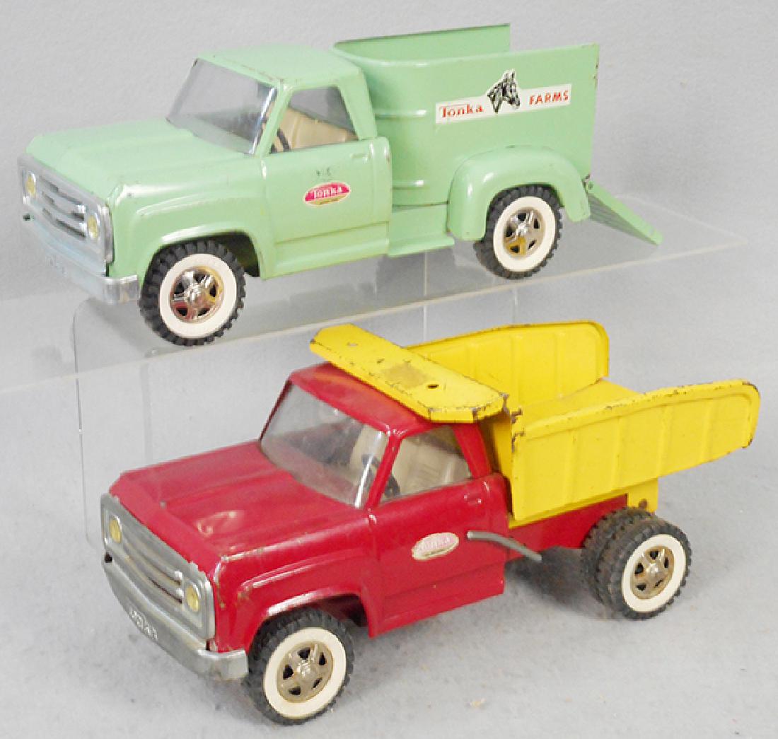 2 TONKA TRUCKS: painted pressed steel, Farm Truck, rear tailgate intact, Dump Truck, C5-6.