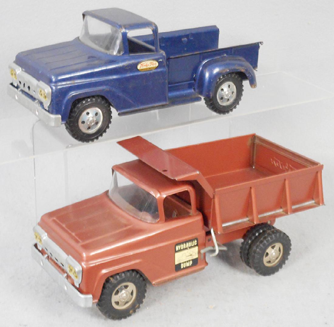 2 TONKA TRUCKS: painted pressed steel, 1958 Pick Up, missing tailgate, grille holes bent, paint alligatoring, 1959 Hydraulic Dump, C5-8.