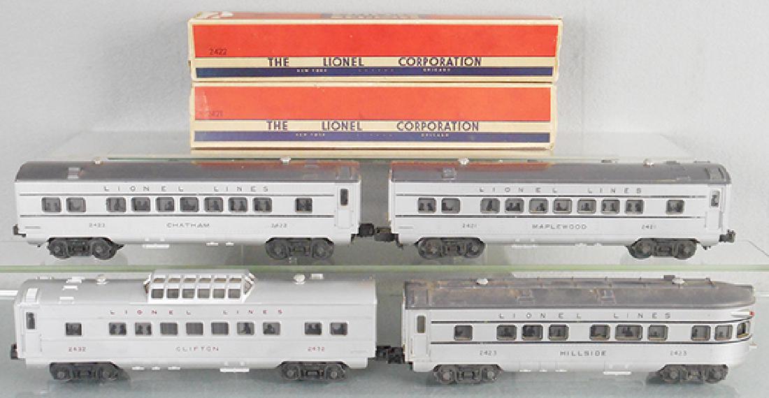 4 LIONEL PASSENGER CARS: O ga, 2421 Maplewood, 2422 Chatham, 2432 Clifton, 2423 Hillside, 2 orig boxes only, boxes rough, C6-7.