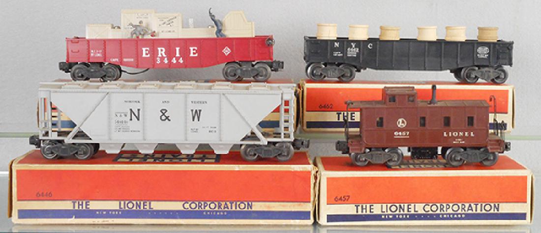 4 LIONEL FREIGHT CARS: O ga, 3444 animated gondola, 6462 gondola w/barrels, 6457 caboose, 6446 covered hopper, orig boxes minor wear, 1 incom, C7-8.