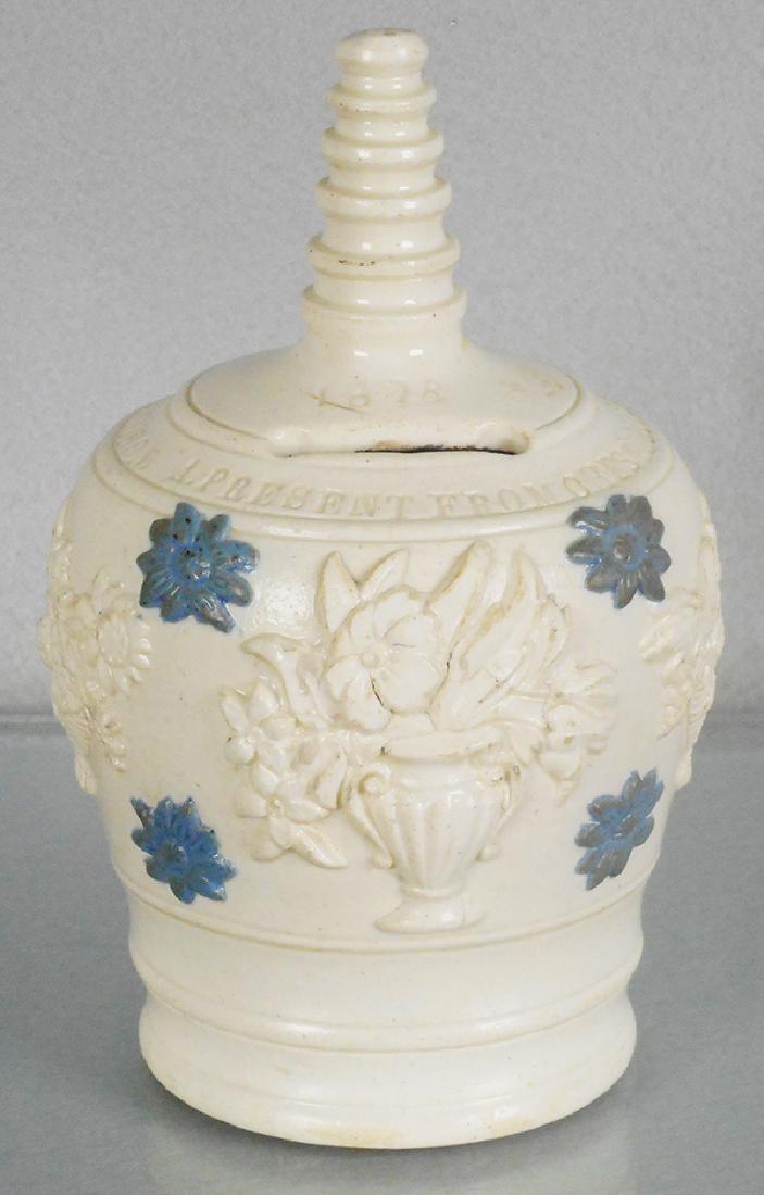 BIRTH BANK: England, ca 1907, stoneware, 7 in, A Present from Chesterfield, Thomas Henry Nicholson, C8-9.