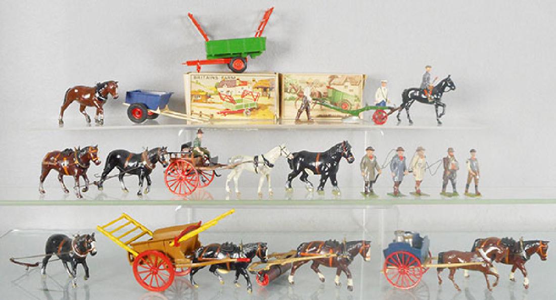 BRITAINS FARM FIGURES: 130F Trailer, orig box, 126 Cart, missing horse, orig box, 6F Plough, 4F Farm Roller, 20F Farmer’s Gig, 45F Milk Float & Horse, 4F Tumbrel Cart w/horses & people, C5-9.