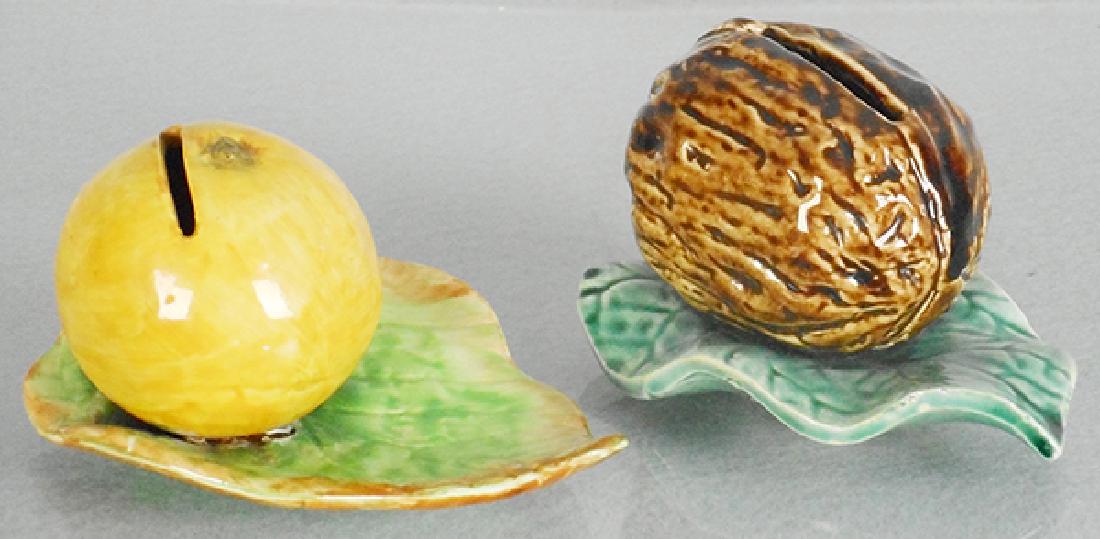 LEMON & NUT BANKS: Lemon, porcelain, 4 1/2, Nut, Majolica, 4 in, C8.