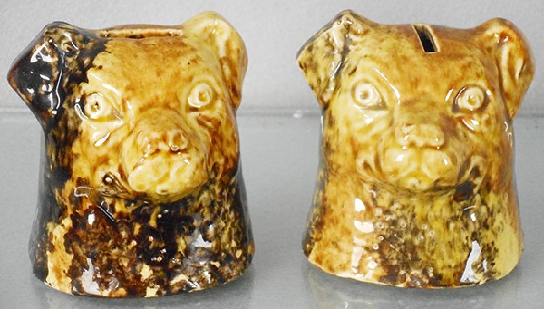 2 DOG BANKS: Roseville, Ohio, earthenware, ca 1890, 3 3/4 in, C8-9.