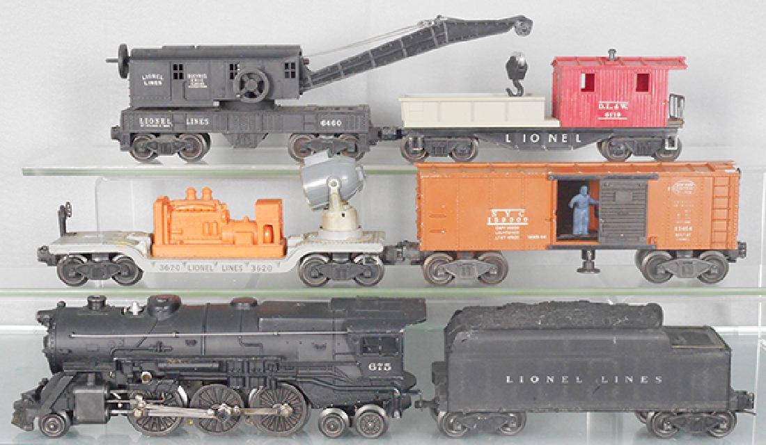 LIONEL TRAIN SET: O ga, 675 loco, 2466WX tender, 3620 searchlight, 3464 NYC box car, 6460 crane, 6119 work caboose, C6-7.