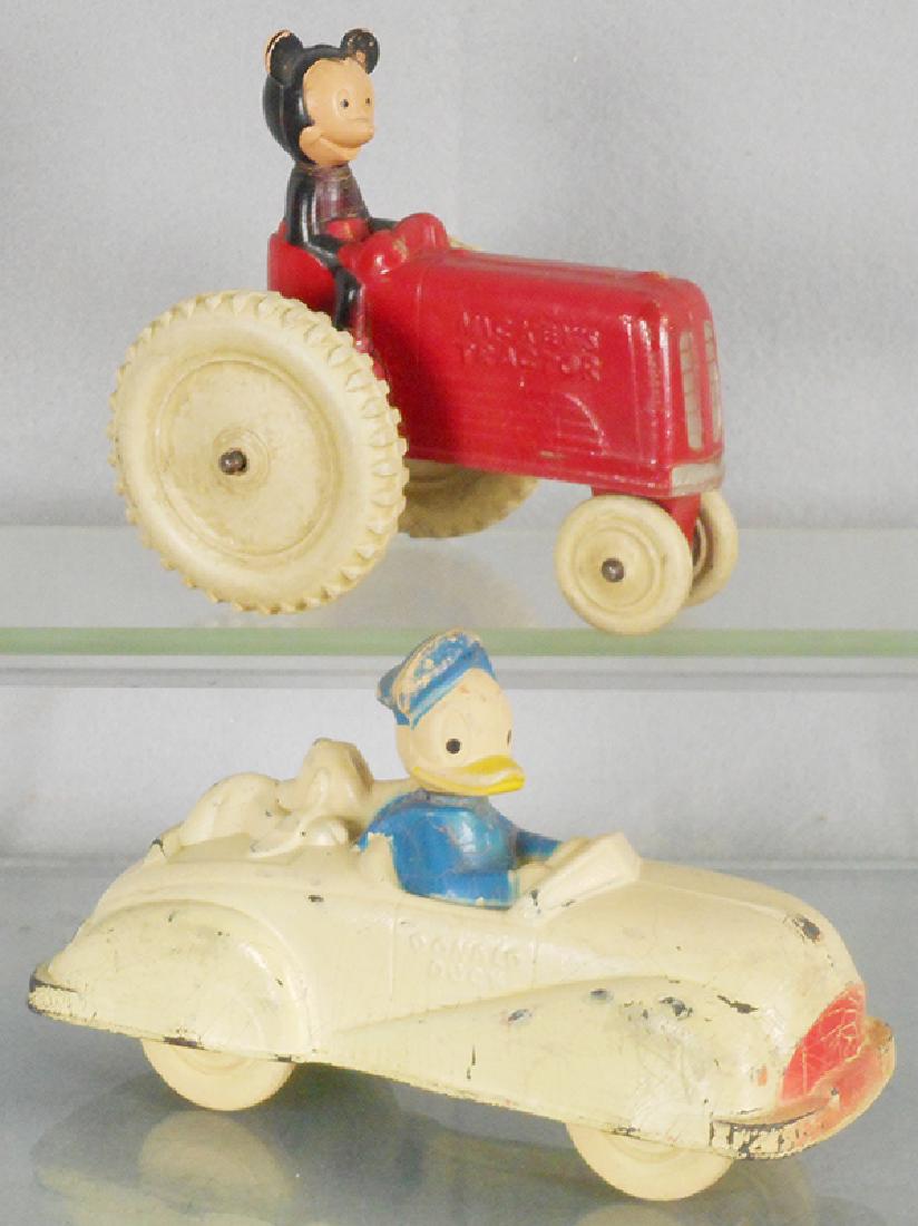 2 SUN RUBBER DISNEY TOYS: Mickey Mouse Tractor, 4 1/4 in long, Donald Duck Auto, 6 1/2 in long, C5-7.