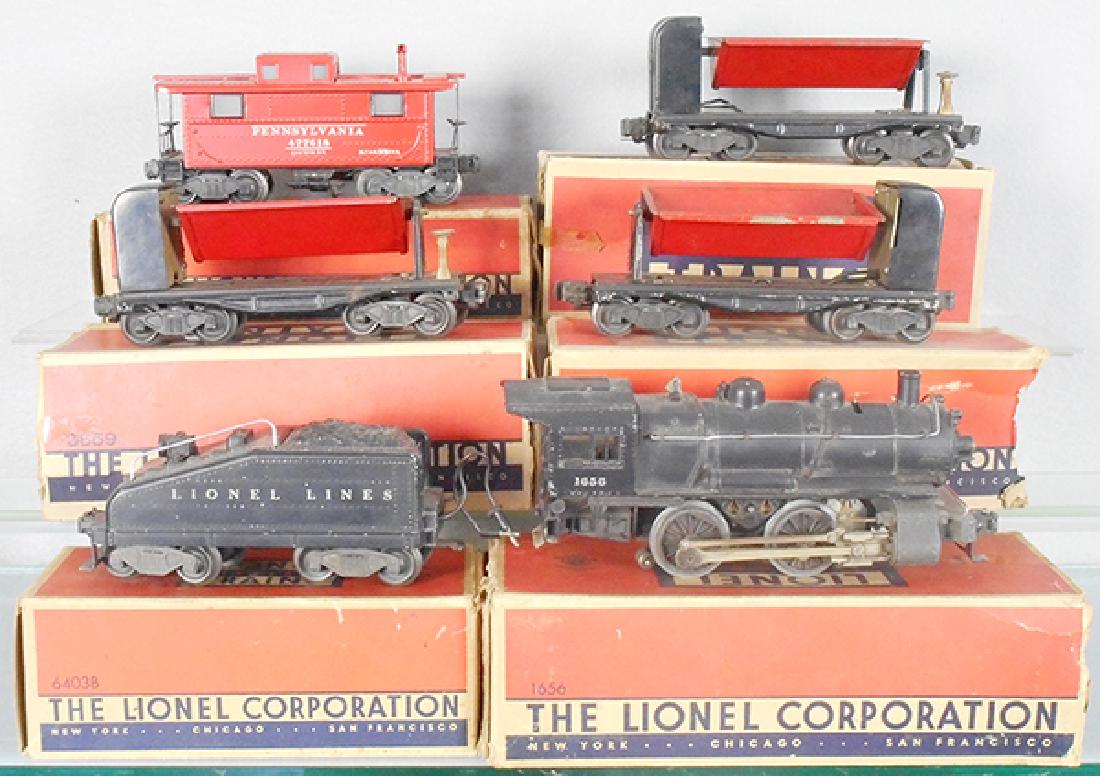LIONEL TRAIN SET: O ga, 1656 loco, 6403B tender, 3 #3659 dump cars, 2457 caboose, orig boxes minor wear, dump car boxes incom, C5-7.