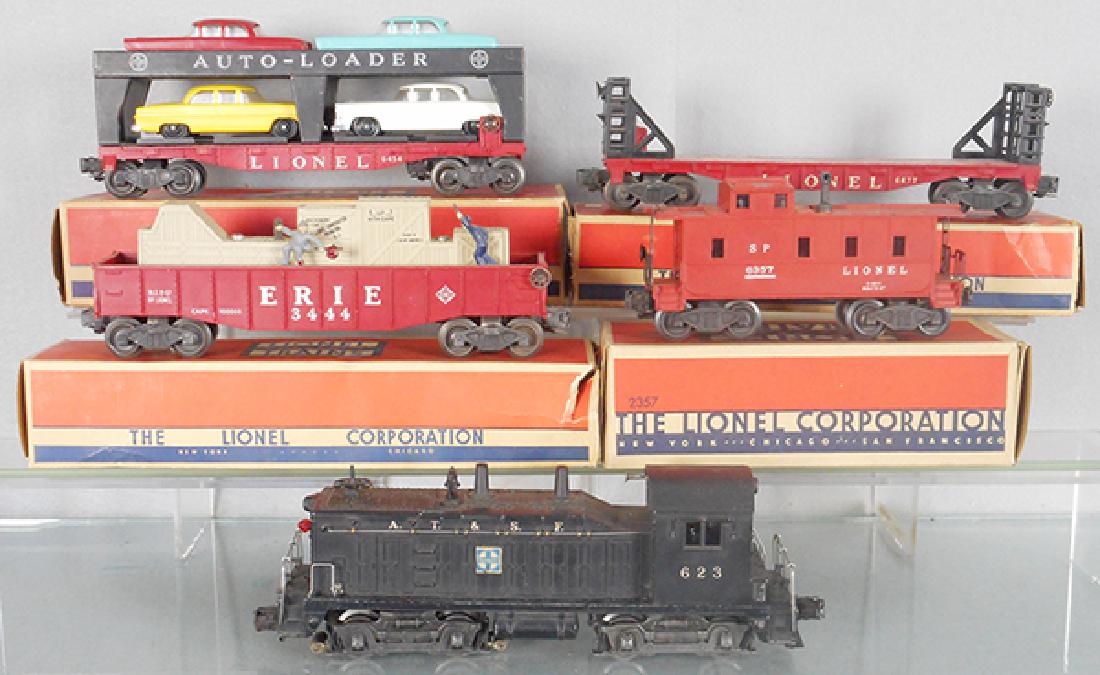 LIONEL TRAIN SET: O ga, 623 switcher, missing from coupler support bar, 3444 animated gondola, 6414 auto-loader, 1 step broken, 6477 miscellaneous car, 6357 caboose, orig car boxes only, minor wear, C6-8.