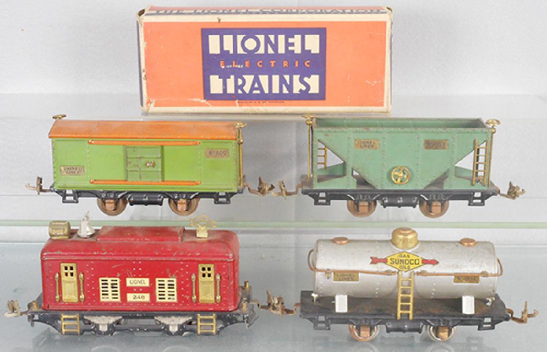 LIONEL TRAIN SET: O ga, 248 loco, rewheeled, 804 Sunoco tank, 805 box car, 803 hopper, 1 orig box only, C6.