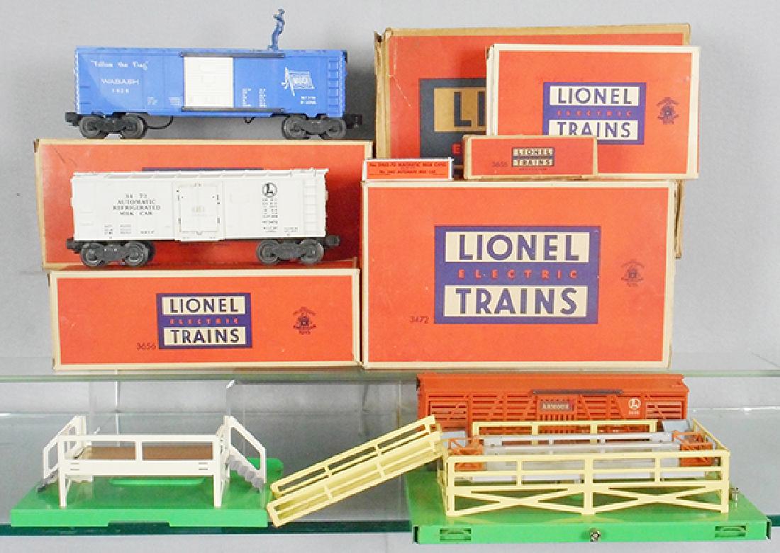3 LIONEL FREIGHT CARS: O ga, 3424 operating brakeman, 3472 operating milk car, 3656 operating cattle car, orig boxes & inserts minor wear, C7-8.