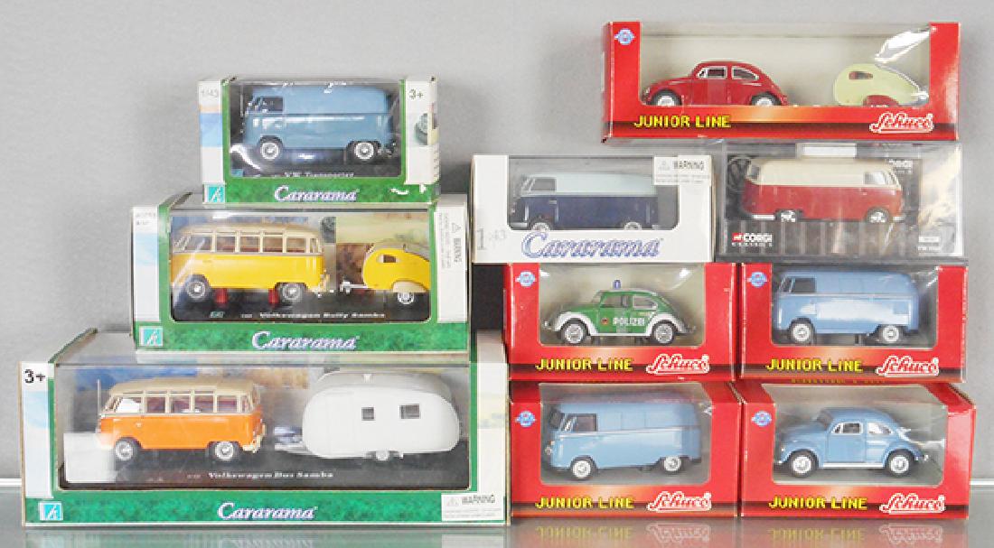 10 VOLKSWAGEN COLLECTIBLES: die cast, Cararama 251, 147, 143, Corgi 06901, Schuco 27001, 27000, 27159, 2 #27004, orig boxes & inserts minor wear, C9.