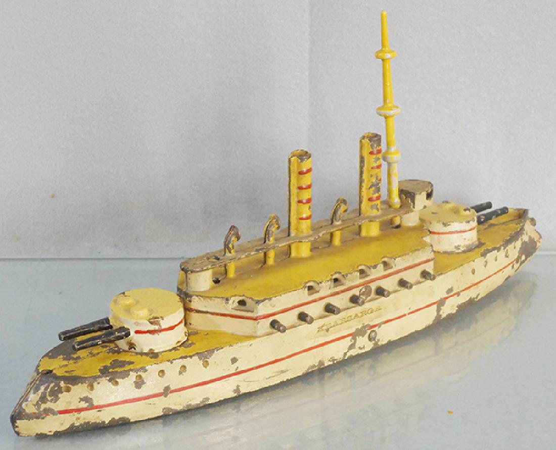 WILKINS KEARSARGE BATTLESHIP: painted cast iron, 14 in long, 1 side lettering very worn, 2 turrets are replaced, missing 2 masts, C5-6.