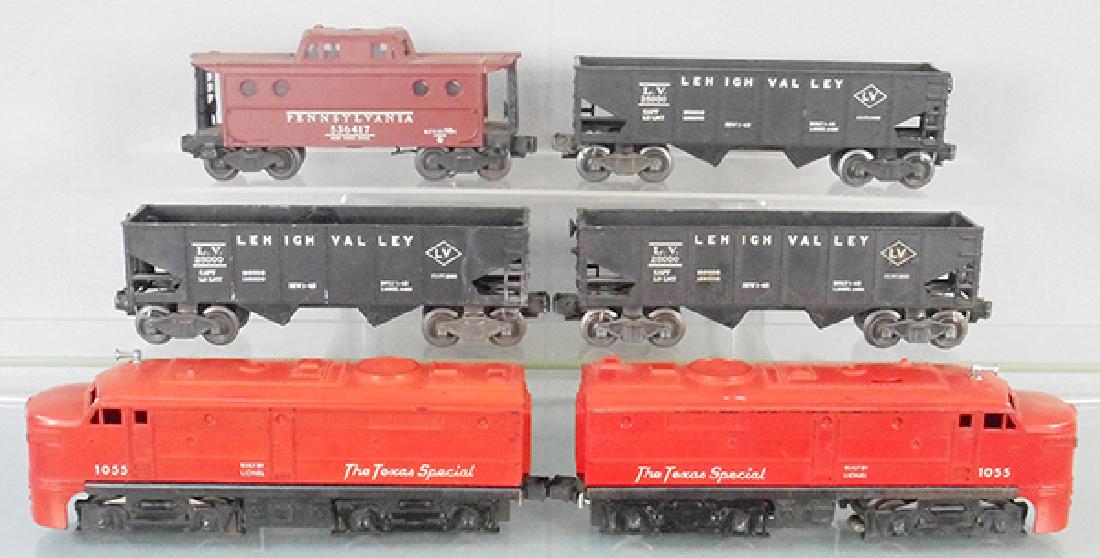 LIONEL TRAIN SET: O ga, 2 #1055 Texas Special Power A units, 3 #6456 LV hoppers, 6417 New York Zone caboose, C5-6.