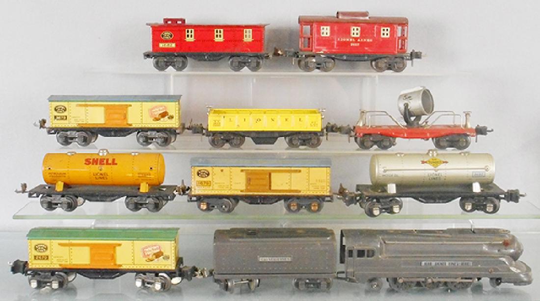 LIONEL TRAIN SET: O ga, 1668 loco, 1689T tender, 2 #2679 box car, 1680 & 2680 tank cars, 1679 box car, 3652 gondola, 2620 searchlight, missing lens, 2657 & 1682 caboose, C4-5.