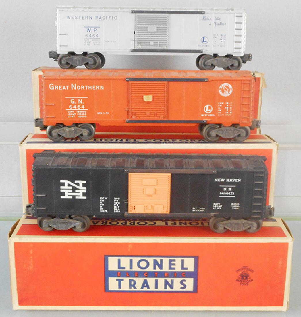 3 LIONEL 6464 BOX CARS: O ga, 6464-1 Western Pacific, 6464-25 Great Northern, chipped catwalk ends, 6464-425 New Haven, orig boxes minor wear, C6-7.