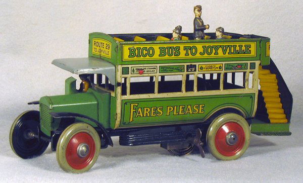 DISTLER DOUBLEDECKER BUS: Bico Bus to Joyville, litho tin, windup working, has moving conductor on roof & 2 passengers, 8 3/4 in long, C6.