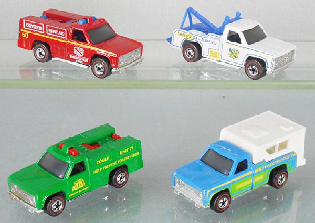 4 HOT WHEELS RED LINES: Emergency Squad, Ramblin Wrecker, Ranger Rig, Backwoods Bomb, all made in Hong Kong, C7-8.