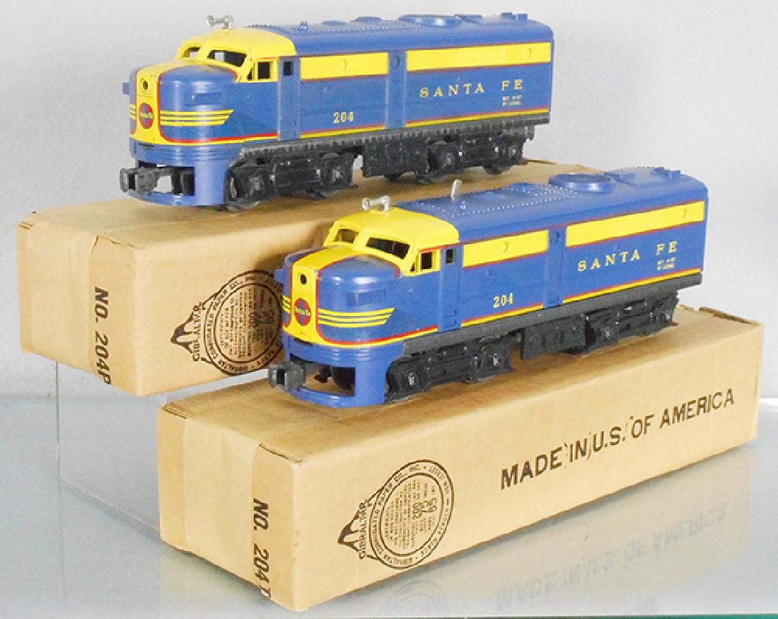 LIONEL SANTA FE ALCOS: O ga, 204P & 204T Santa Fe Alcos, blue, minor nose decal cracks, orig boxes, C8.