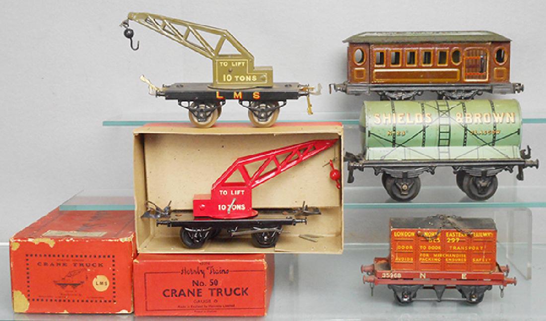 EUROPEAN FREIGHT CARS: O & 1 ga, Hornby LMS & 50 crane trucks, w/orig boxes, some wear, freight car, couplers modified, Bing tank car, 1 ga, KBN combine, O ga, C5-8.