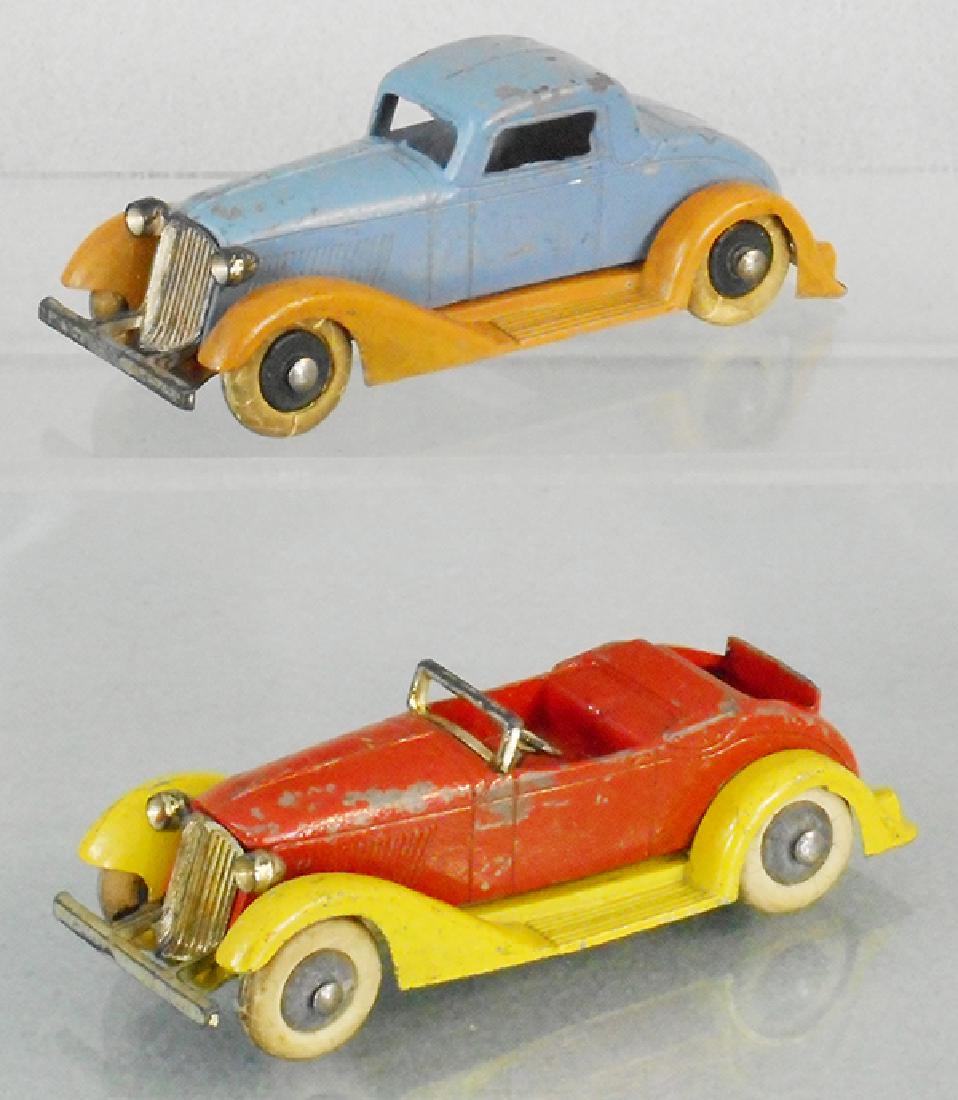 2 TOOTSIETOY GRAHAMS: Bild-A-Cars, blue & orange Coupe, rear fenders bent, red & yellow Roadster, C5-6.