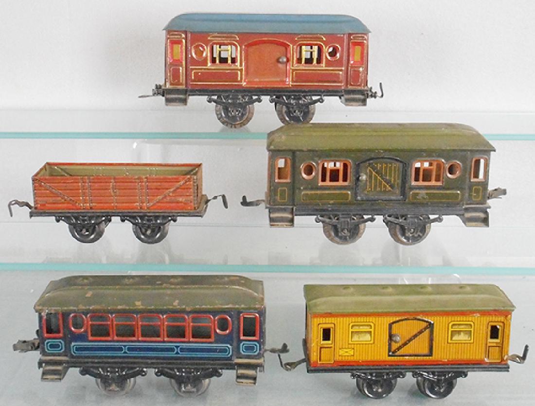 5 KBN & KRAUS CARS: O ga, handpainted & litho tin, 3 KBN baggage cars, passenger coach, Kraus gondola, C5-7.