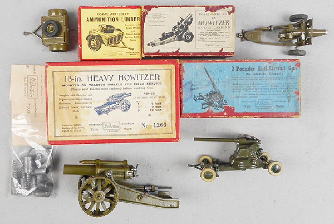4 BRITAINS GUNS: 1726 Ammunition Limber, 1725 4.5 Howitzer, 1266 Heavy Howitzer w/shells, 1717 Mobile AA Gun, orig boxes minor wear, C7-8.