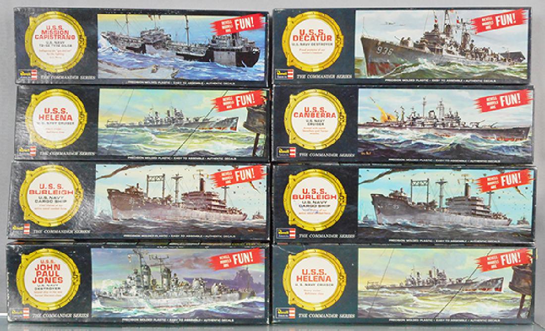 8 REVELL NAVY SHIP MODELS: unbuilt kits, parts still in plastic bag, ca 1959, orig boxes minor wear, C10.