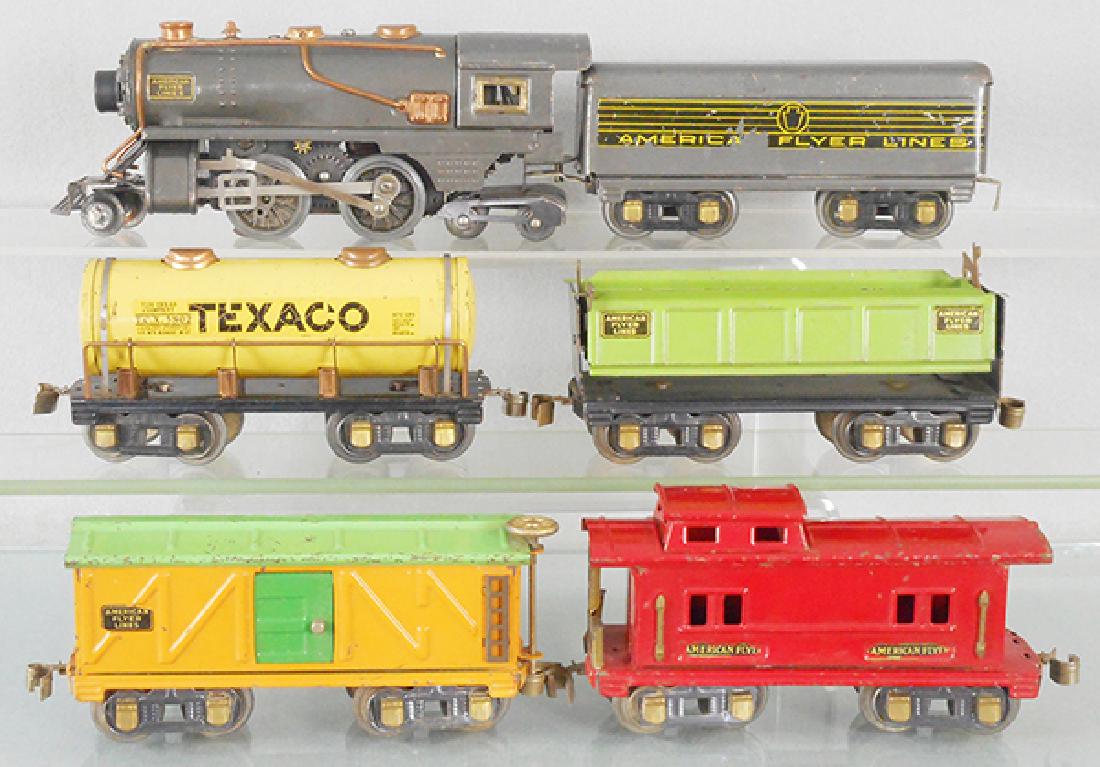 AMERICAN FLYER TRAIN SET: O ga, 4603 loco, die cast fatigue on boiler front, 1231P tender, decals chipped, 231 Texaco tank, 230 dump truck, 229 box car, 232 caboose, minor decal wear on cars, C5-6.