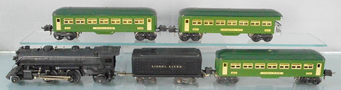 LIONEL TRAIN SET: O ga, 1664 loco, 2689WX tender, 2 #2640 Pullmans, 2641 obsv, all but the loco are restored, C6-8.