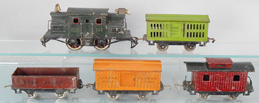 LIONEL TRAIN SET: O ga, 154 loco, 802 stock, 901 gondola, 800 box car, 801 caboose, C4-5.
