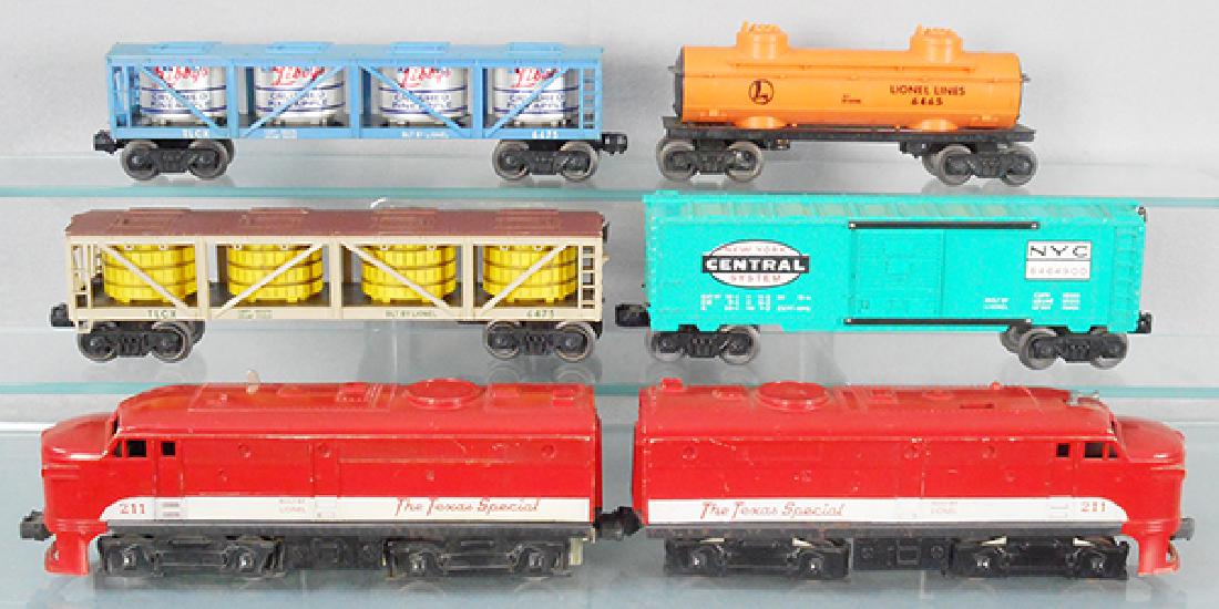 LIONEL TRAIN SET: O ga, 211 Texas Special Alco AA set, 6475 pickle vat car, 3 steps broken, 6464-900 NYC box car, 6475 Libbys, missing all steps, 6465 tank, C6-8.