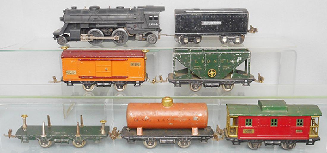 LIONEL TRAIN SET: O ga, 1684 loco, 2689T tender, shell repainted, 805 box car, 803 hopper, 831 lumber flat, 804 tank, 807 caboose, C4-6.