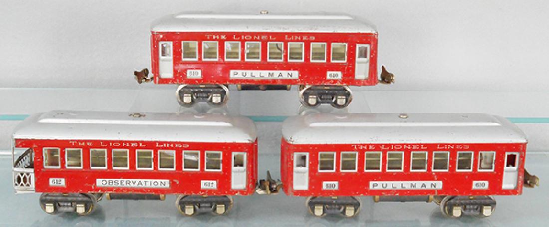 3 LIONEL PASSENGER CARS: O ga, red & silver, 2 #610 Pullmans, 612 obsv, C5-6.