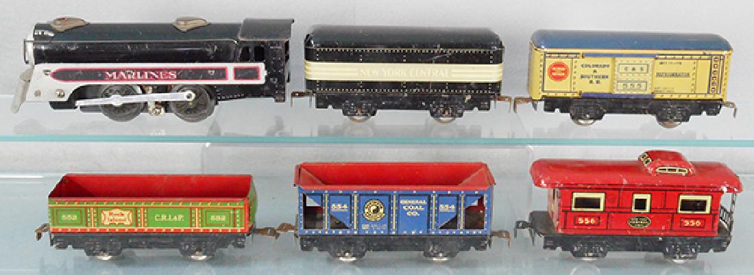 MARX TRAIN SET: O ga, 3000 electric loco, 551 tender, 555 box car, 552 gondola, 554 hopper, 556 caboose, C6.